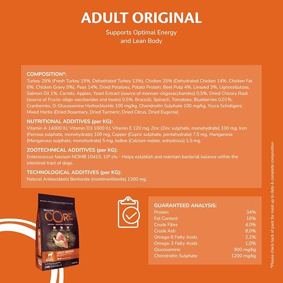 Wellness CORE Adult Original, 10kg, Chicken & Turkey, Dry Dog Food for Medium Breed Dogs, All-Natural, Grain-Free, High Meat Content, Protein-Rich, No Added Sugar