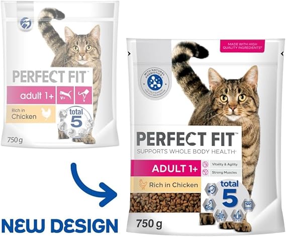 Perfect Fit Adult 1+ Complete Dry Cat Food for Adult Cats Aged 1+ Years, Rich in Chicken, 4 Bags (750 g)