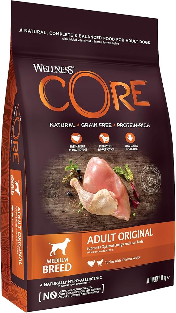 Wellness CORE Adult Original, 10kg, Chicken & Turkey, Dry Dog Food for Medium Breed Dogs, All-Natural, Grain-Free, High Meat Content, Protein-Rich, No Added Sugar