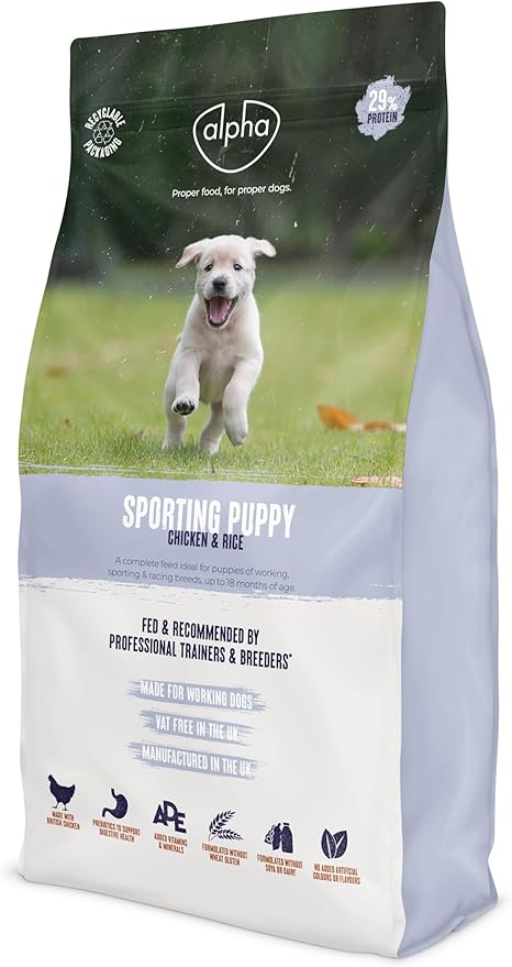 Alpha Sporting Puppy Dry Dog Food | Complete Feed for Working, Sporting & Racing Breeds | Chicken and Rice, 15kg