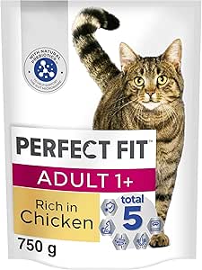 Perfect Fit Adult 1+ Complete Dry Cat Food for Adult Cats Aged 1+ Years, Rich in Chicken, 4 Bags (750 g)
