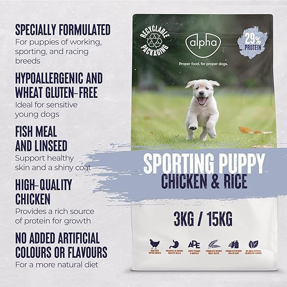 Alpha Sporting Puppy Dry Dog Food | Complete Feed for Working, Sporting & Racing Breeds | Chicken and Rice, 15kg